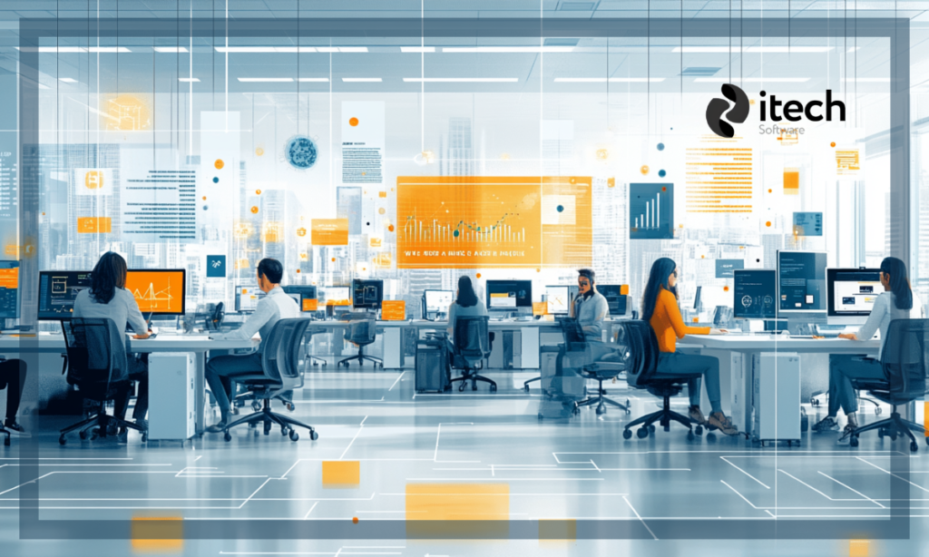 Ilustración de oficinas modernas con personas trabajando