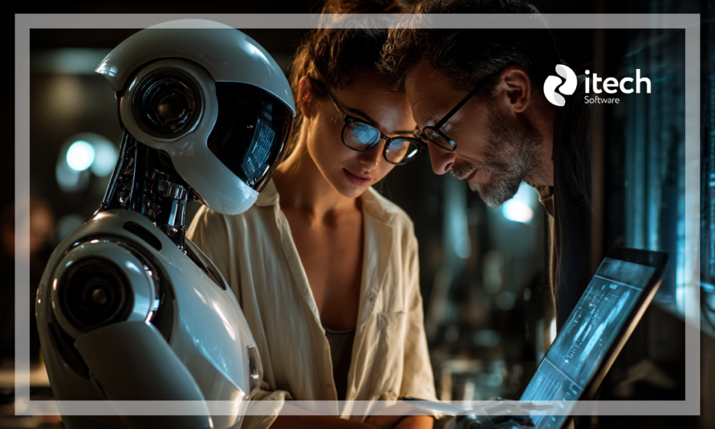 Dos personas trabajando con un robot
